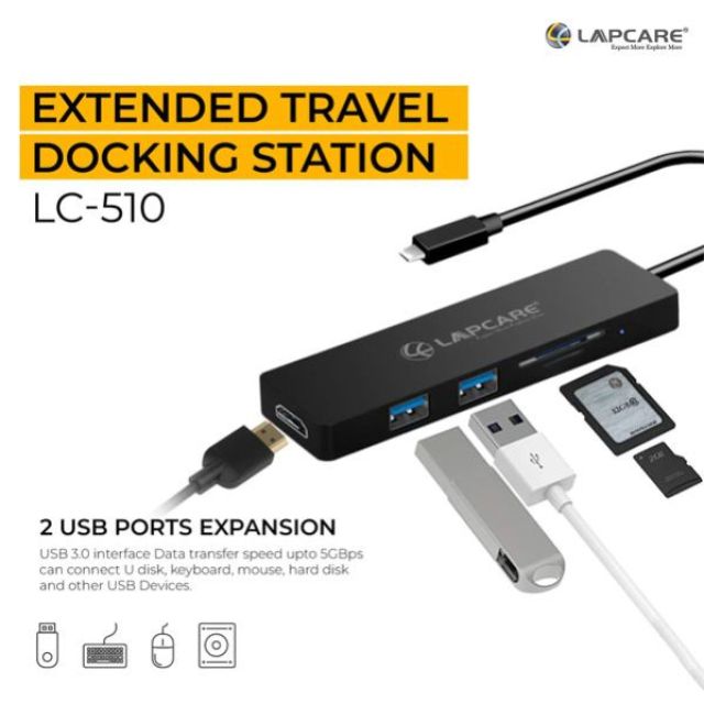 Lapcare Lap-C 5 in 1 EXTENDED TRAVEL DOCKING STATION (2*USB / HDMI / CARD READER)