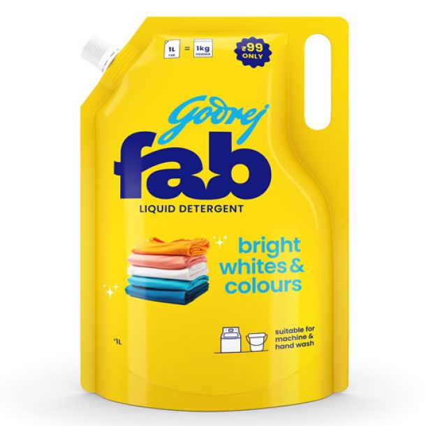 Godrej Fab Liquid Detergent Refill Pouch for Machine & Hand Wash - 1L