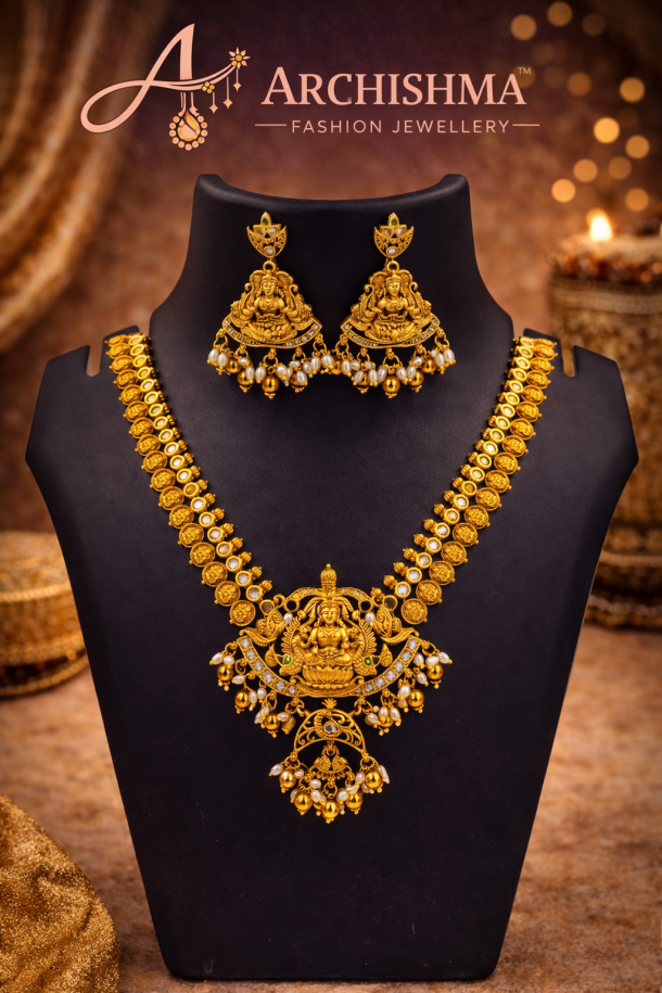 Lakshmi Pearl Temple Necklace Set with Antique Gold Finish