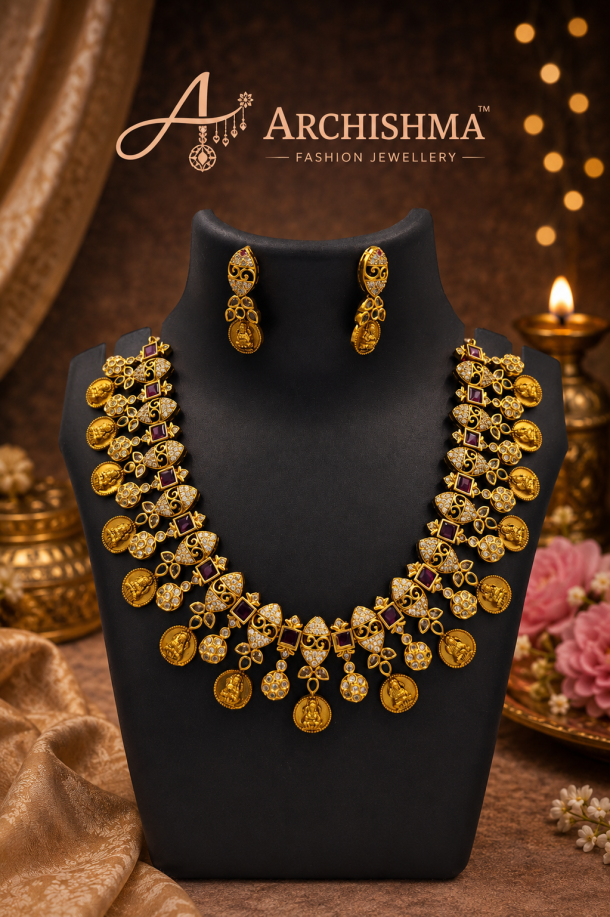 Royal Coin Temple Coin Red Emerald Bridal Necklace Set